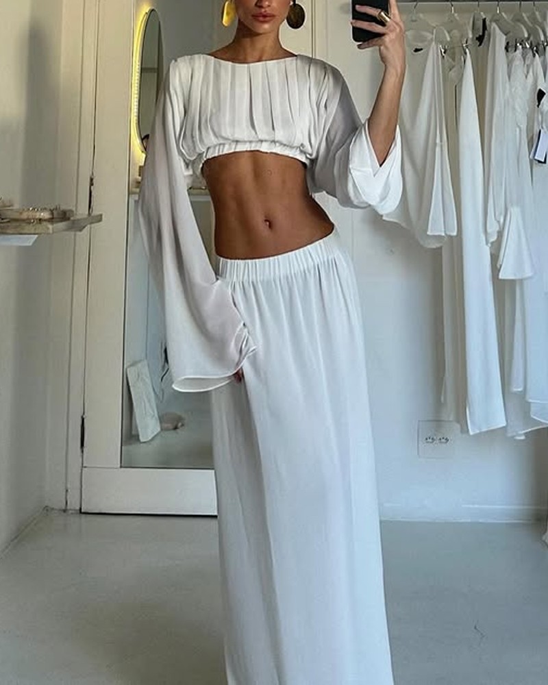 Solid Color Flared Sleeve Short Shirt & Skirt Two-Piece Set