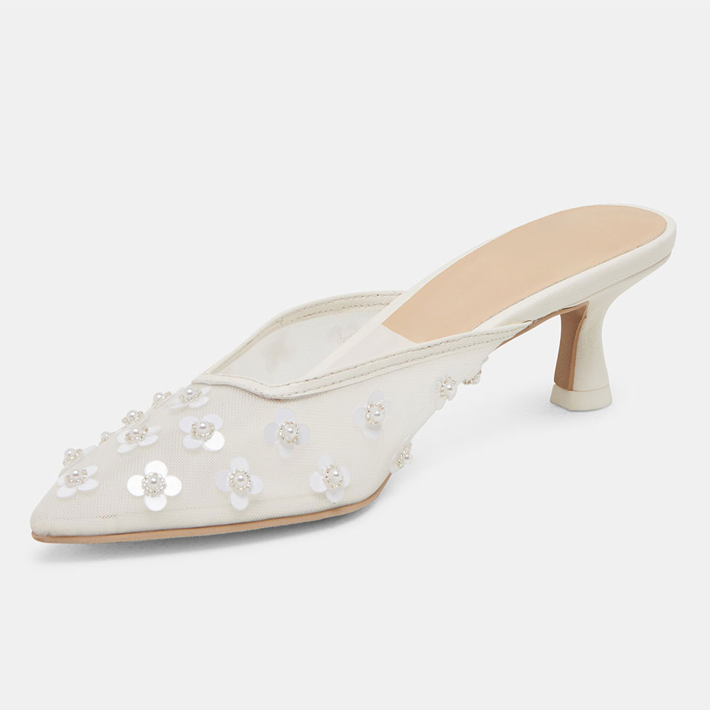 White Mesh Closed Toe Sequined Flower Spool Heel Mule Shoes for Women Nicepairs