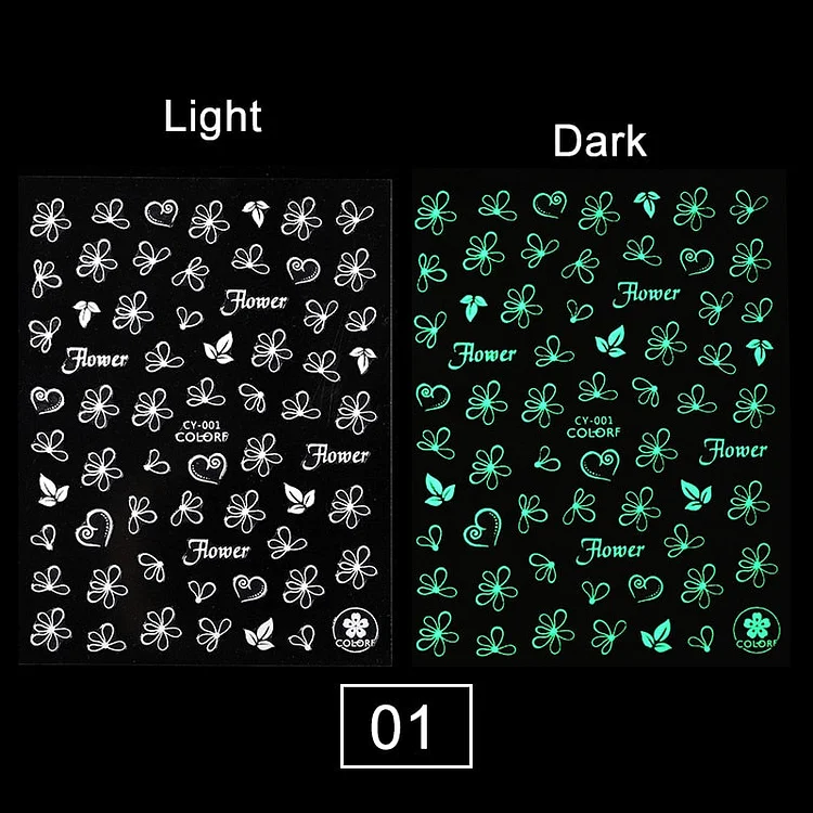 1 Sheet Green Luminous 3D Nail Stickers Flower Leaves Dragonfly Patterns Nail Art Transfer Stickers Slider Summer DIY Decoration