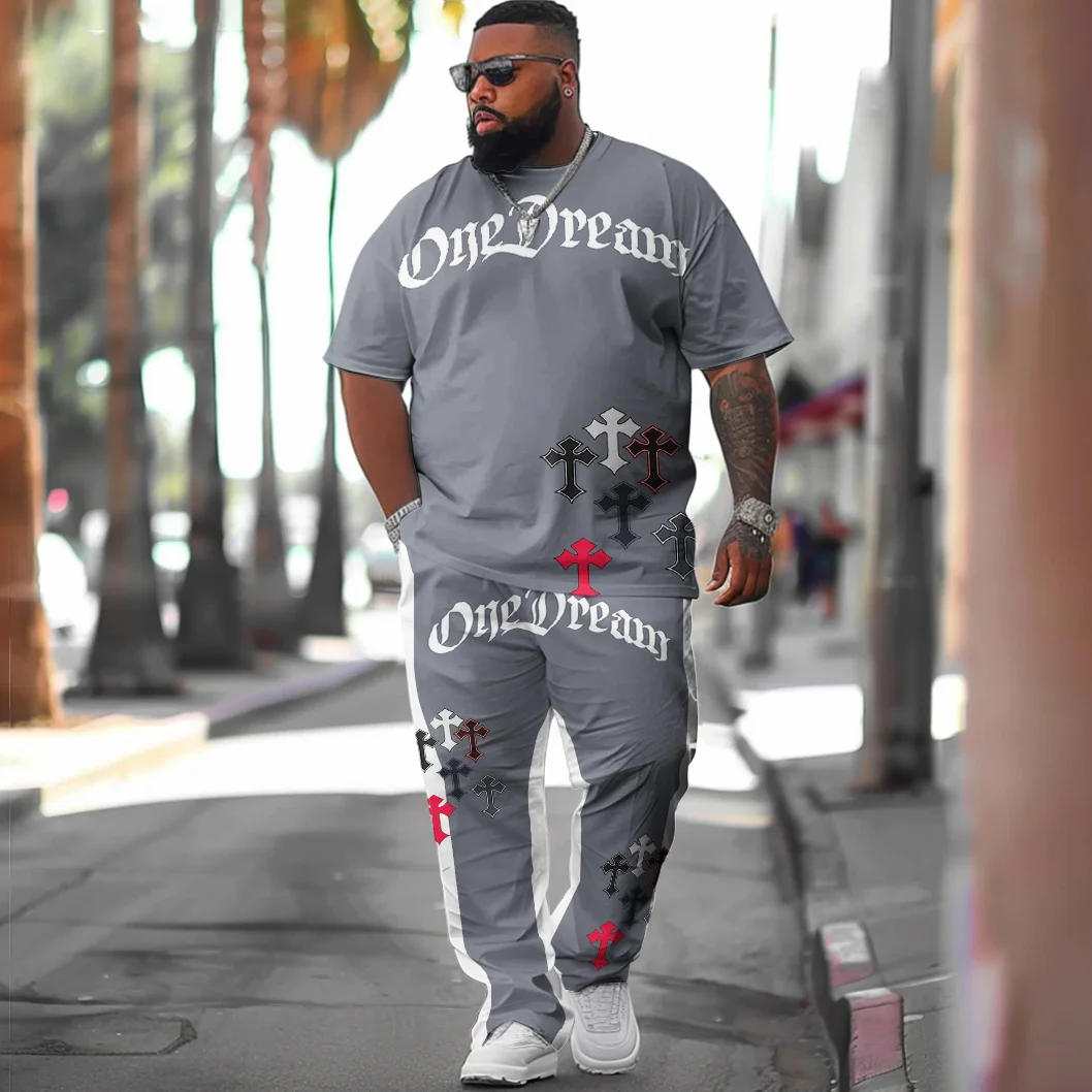 Men'S Plus Size Street Hip Hop Cross Graphic Casual Street Short-Sleeved Trousers Casual Two-Piece Set