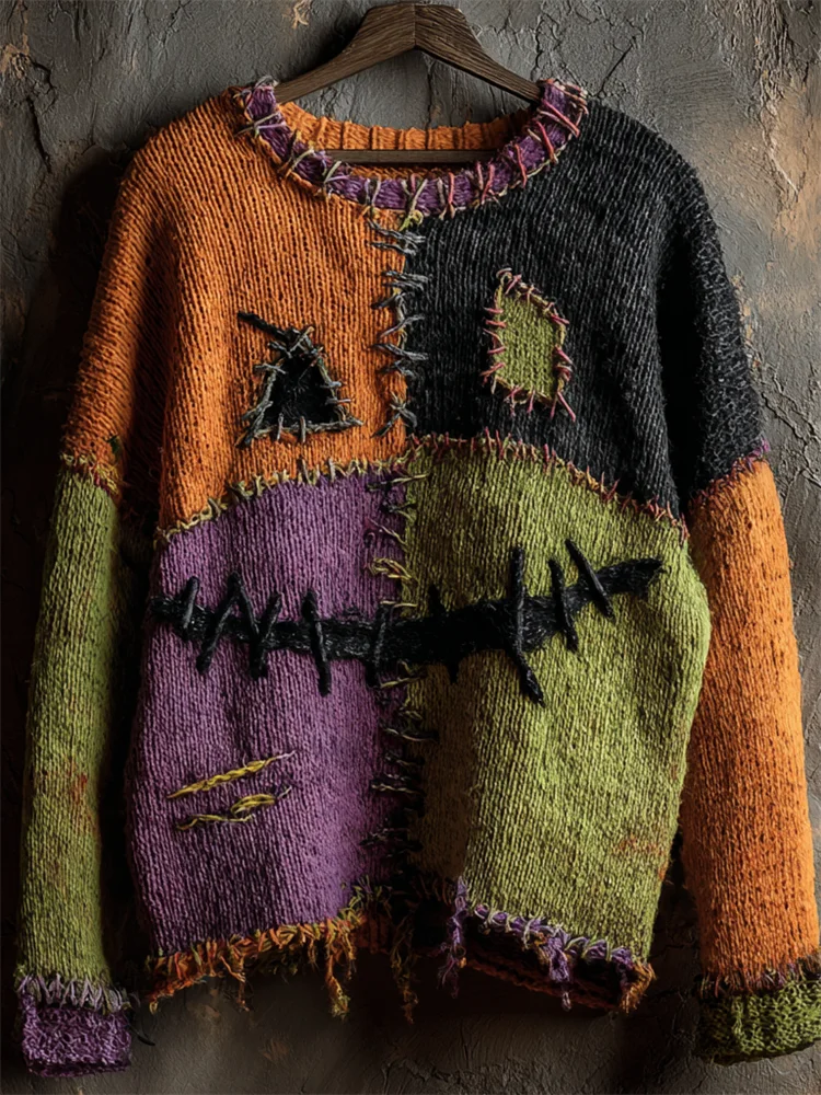 Halloween Spooky Face Colorblock Stitched Cozy Knit Sweater