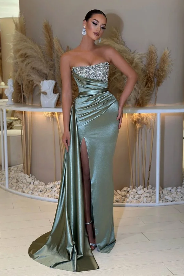 Lisliy Sage Green Sleeveless Prom Dress Strapless Pleated Slit 