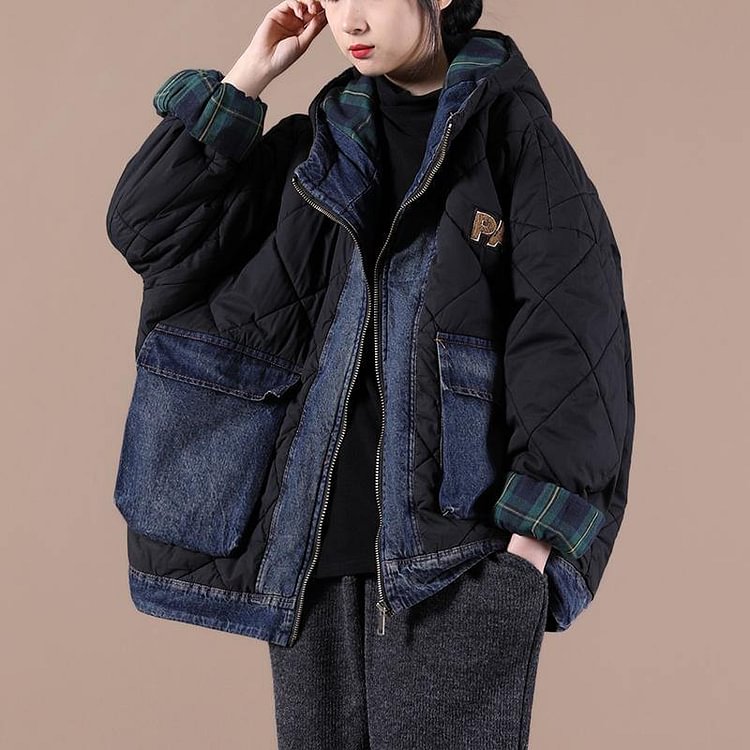Fine black Parkas for women Loose fitting snow jackets hooded patchwork plaid winter outwear