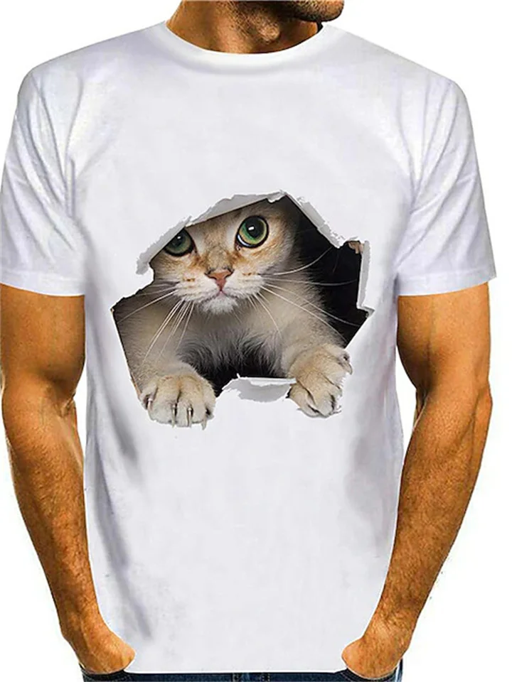 Summer Daily Casual Round Neck Short Sleeve 3D Cat Print Men's T-shirt White Purple Yellow Color Red Green