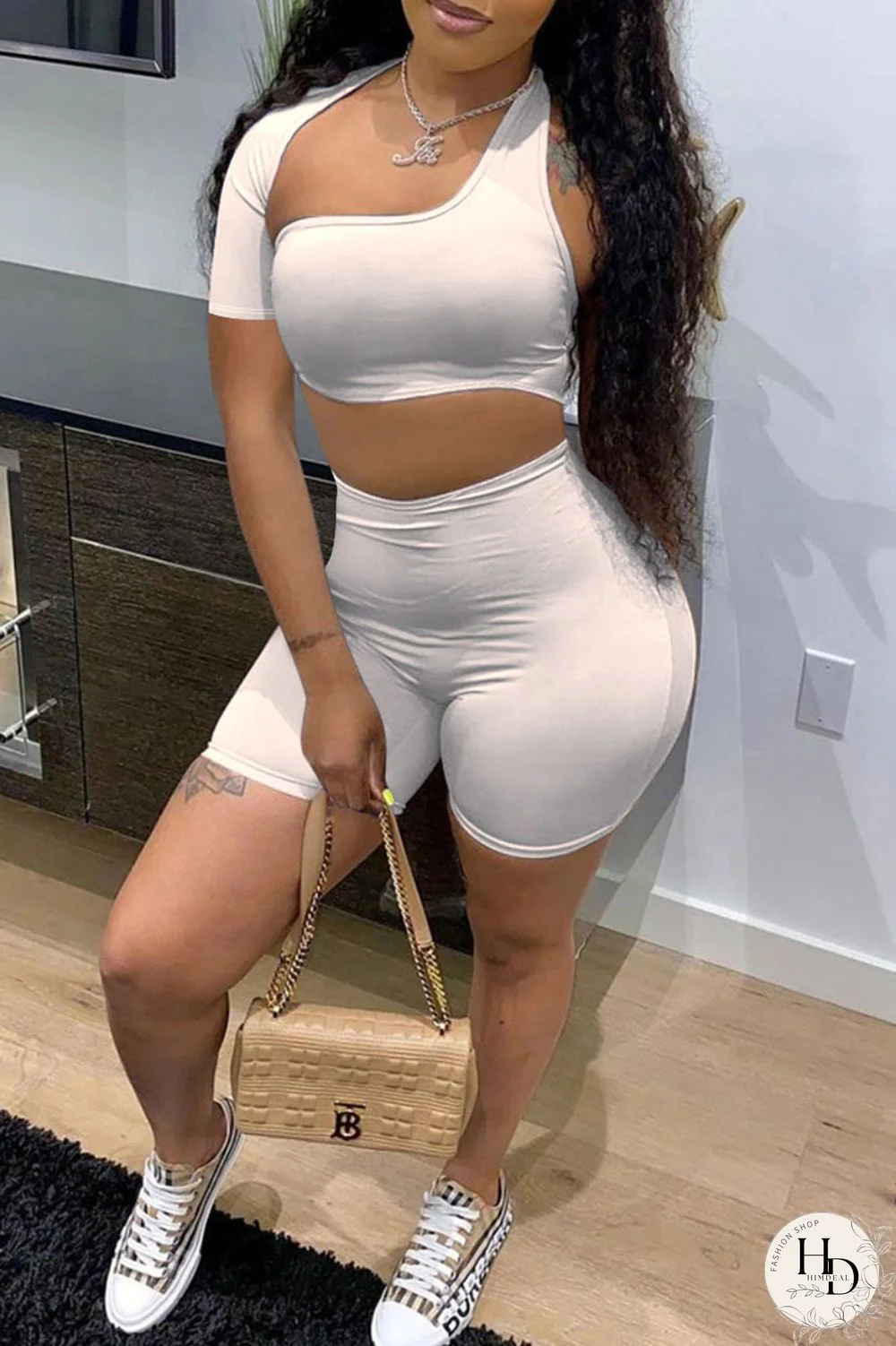 Blue Sexy Solid Hollowed Out Asymmetrical Collar Short Sleeve Two Pieces