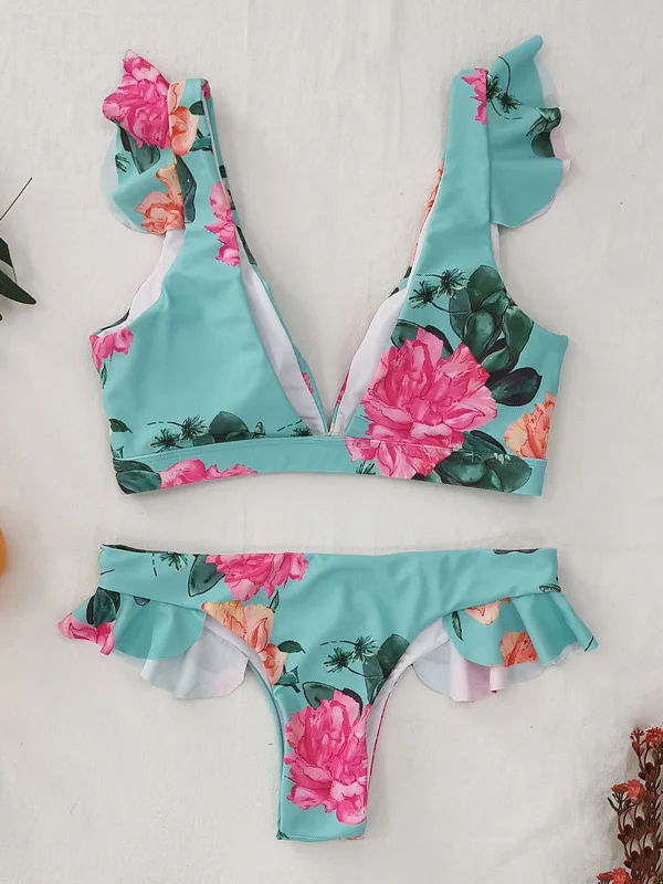 Floral Printed V-Neck Falbala Bralette Brazilian Bikini Swimwear
