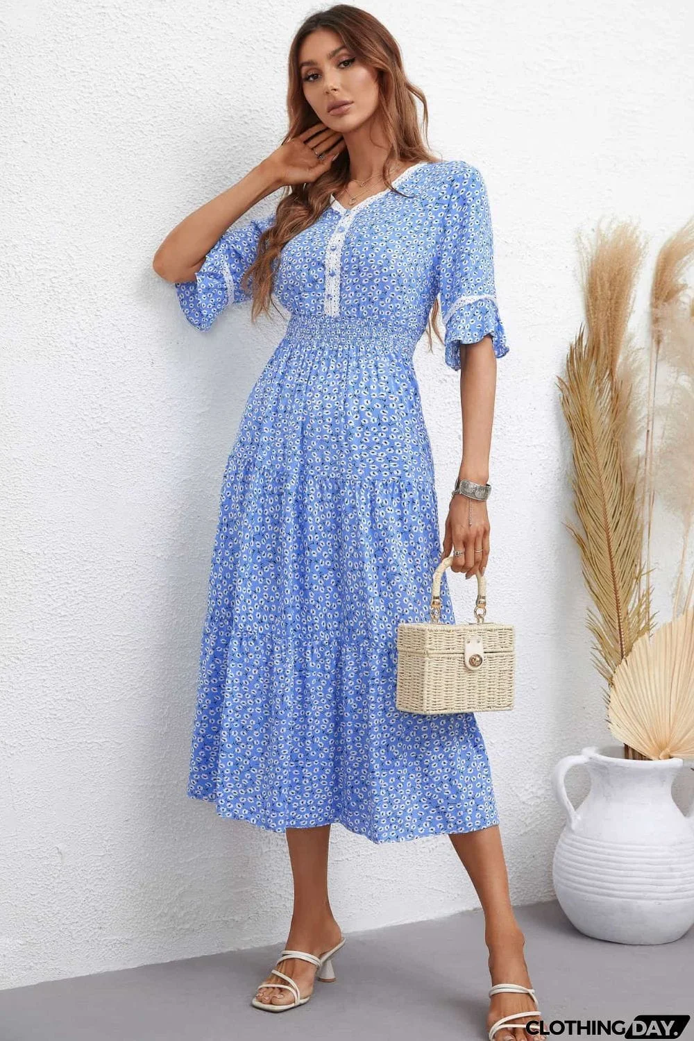 Floral V-Neck Smocked Waist Midi Dress