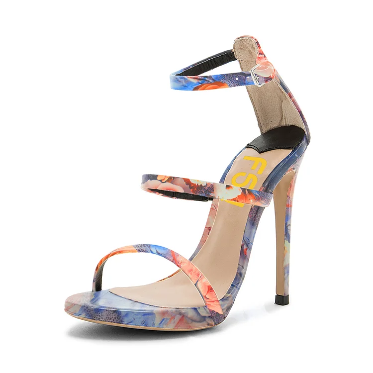 Floral Heels Ankle Strap Open Toe Sandals Stiletto Heels |FSJ Shoes