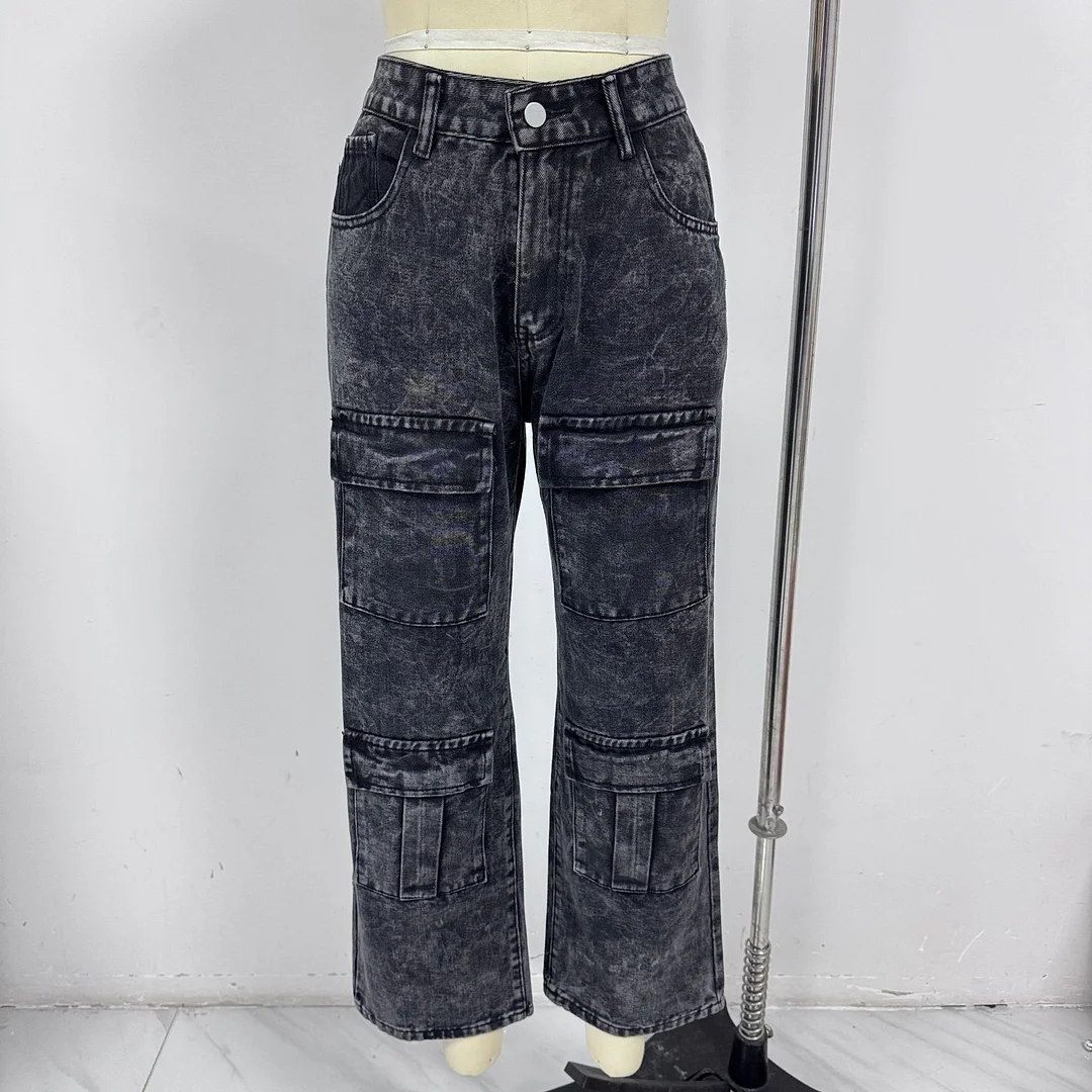 Women's Retro Pocket Straight Cargo Denim Jeans Wide-leg Casual Jeans