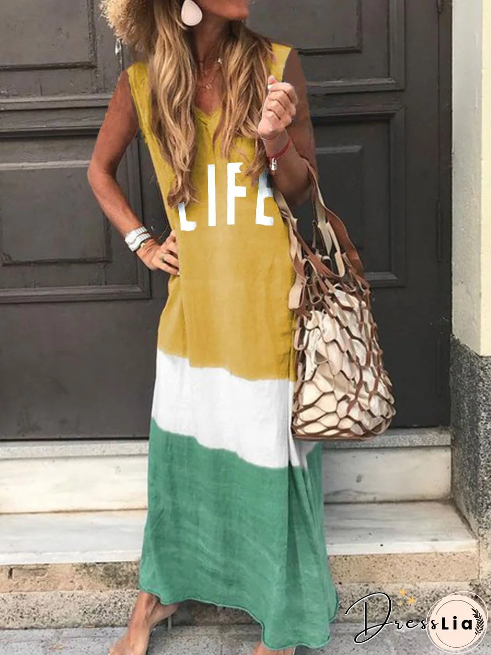 Maxi Knitting Dress Striped Sleeveless Cotton-Blend Knitting Dress For Women