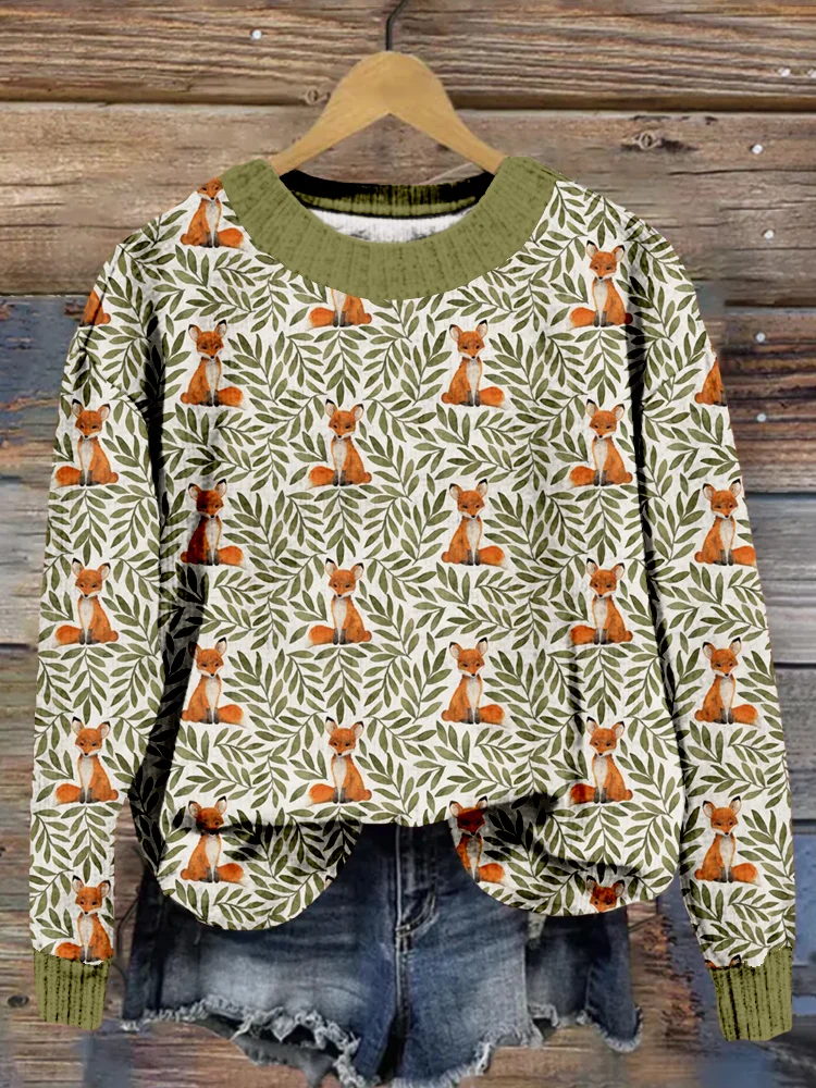 Fox and Leaves Pattern Crew Neck Cozy Sweater