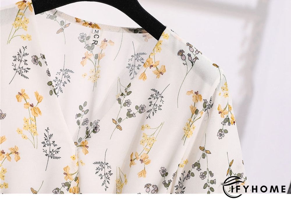 Spring Summer Chiffon Women V-Neck Floral Print Short Dresses Sweet Ruffle Sleeeve Slim Drawstring Ladies Dress | IFYHOME