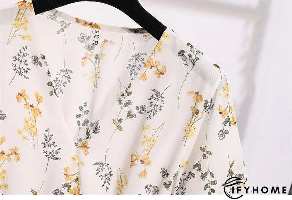 Spring Summer Chiffon Women V-Neck Floral Print Short Dresses Sweet Ruffle Sleeeve Slim Drawstring Ladies Dress | IFYHOME