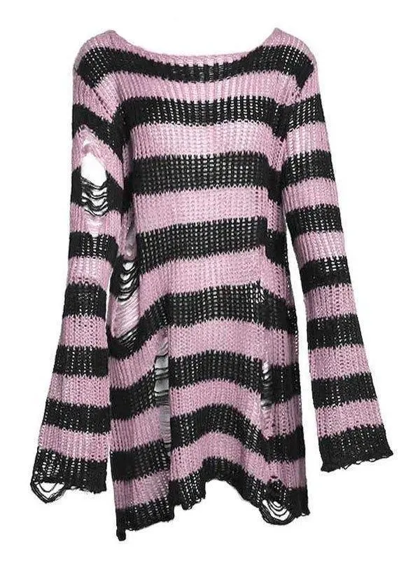 Brownm Distressed Stripe Longline Sweater