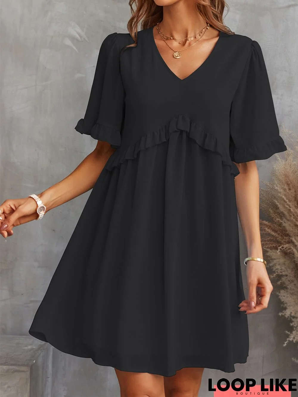 Chiffon Dress Women's Fashion V-Neck Loose Slim Skirt Black Dresses