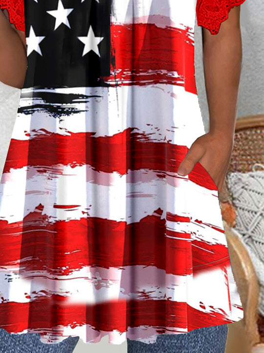 Women's Short Sleeve V-neck Graphic Lace Pockets Tops