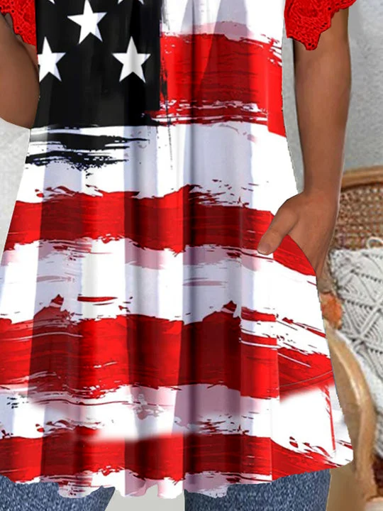 Women's Short Sleeve V-neck Graphic Lace Pockets Tops