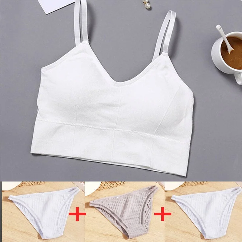 4PCS Camisole Set Tank Crop Top + Cotton Panties Solid Color Bralette for Women Underwear Female Underpants Intimates Lingerie