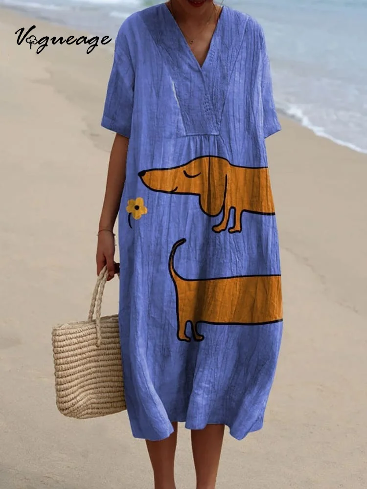 Simple Cartoon Puppy Flower Printed Women's Casual Cotton And Linen Dress