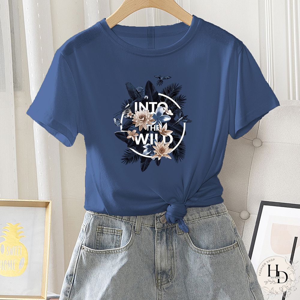 Womens Fashion Short Sleeve Summer Casual Regular T-Shirt Letter Flower Print Ladies