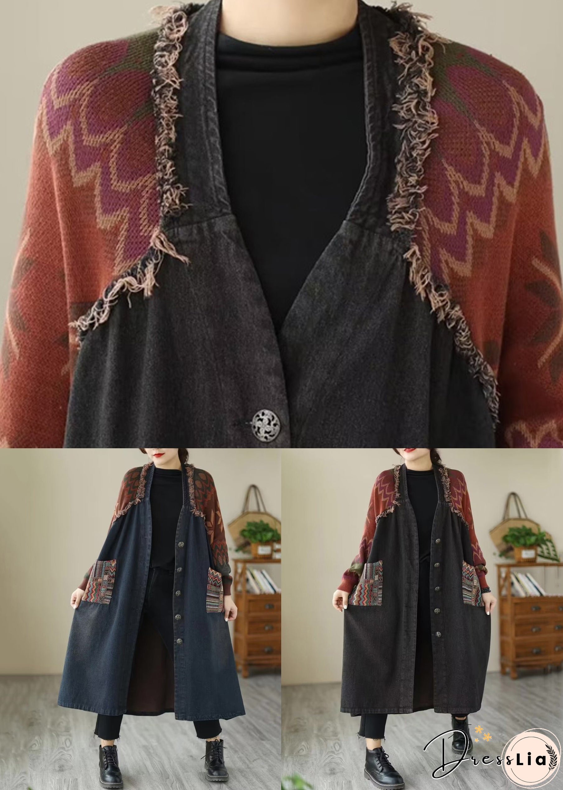 Loose Black Button Knit Patchwork Denim Long Coats Long Sleeve