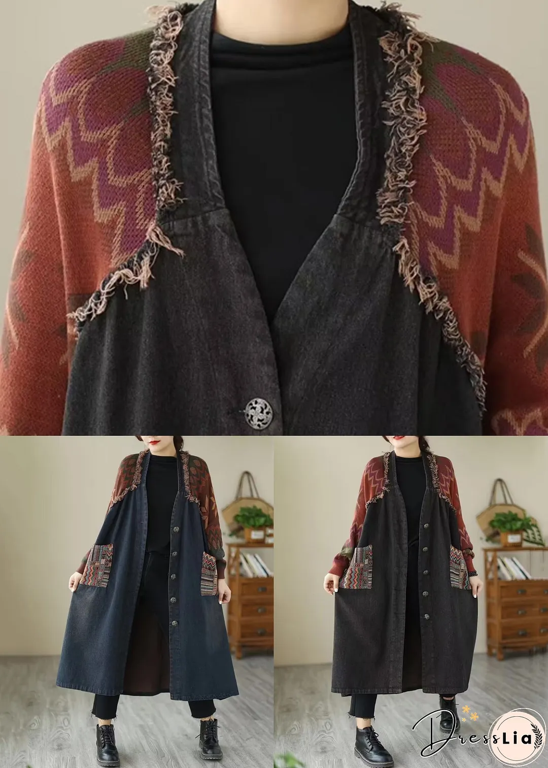 Loose Black Button Knit Patchwork Denim Long Coats Long Sleeve