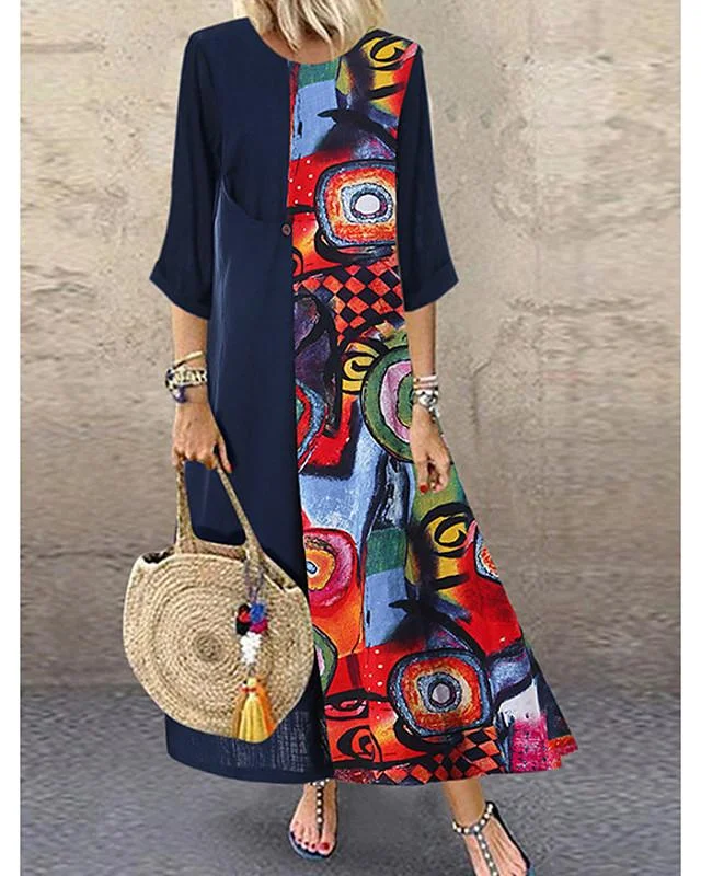 Women's A-Line Dress Maxi Long Dress 3/4 Length Sleeve Print Patchwork Print Spring Summer Casual Vintage Red Yellow