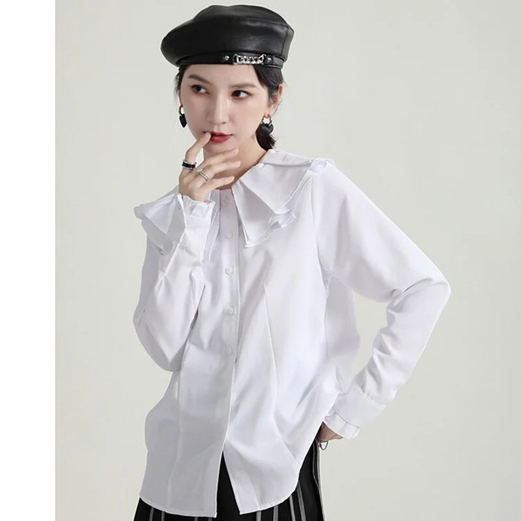 Elegant Solid Color Pleated Lapel Splicing Bow Long Sleeve Shirt 