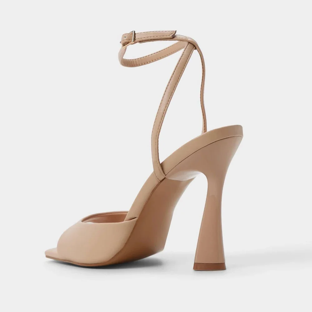 Women's Vegan Leather Square Toe High Heel Ankle Strap Nude Sandals