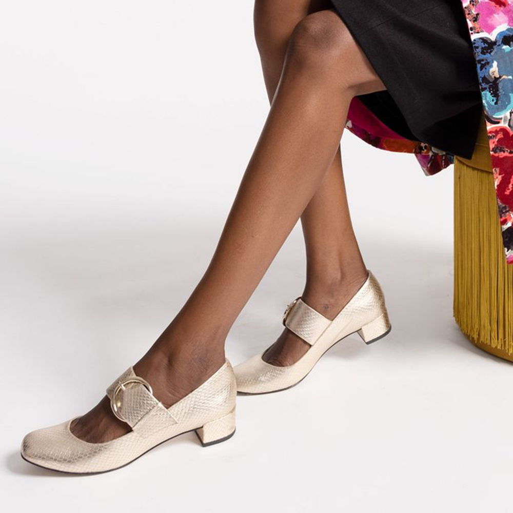 Gold Python Embossed Square Toe Mary Jane Shoes with Buckle Strap Nicepairs