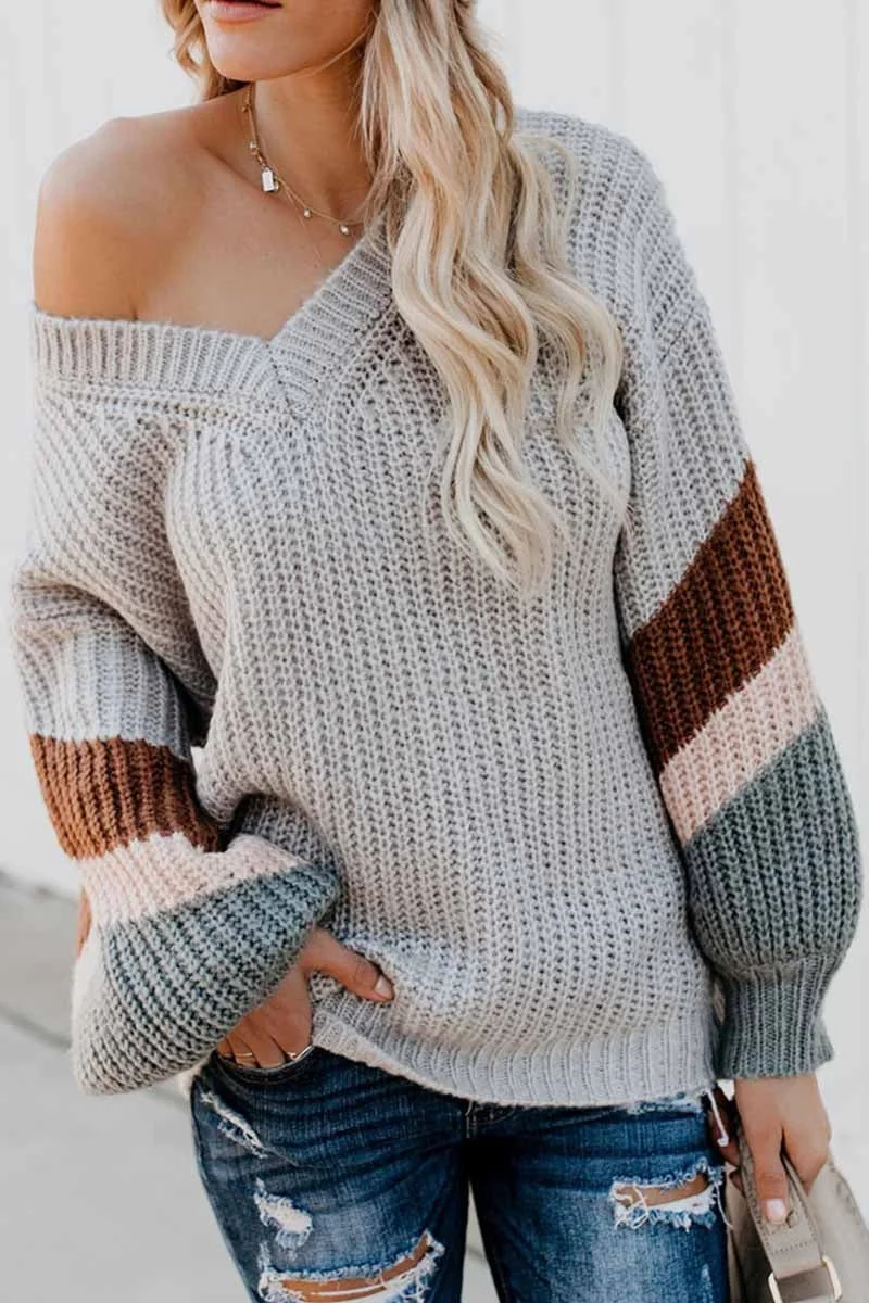 V-Neck Lantern Sleeve Striped Color-Block Sweater