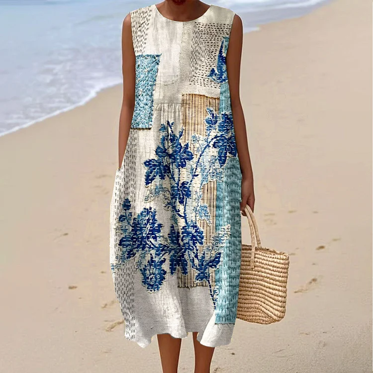 Women's Vintage Floral Art Print Sleeveless Cotton Pocket Wrap Dress