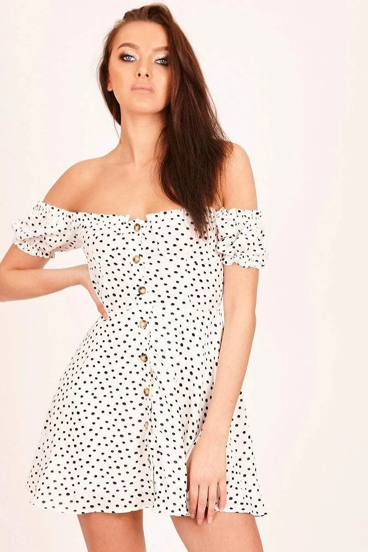 White Polka Dot Bardot Dress Katch Me