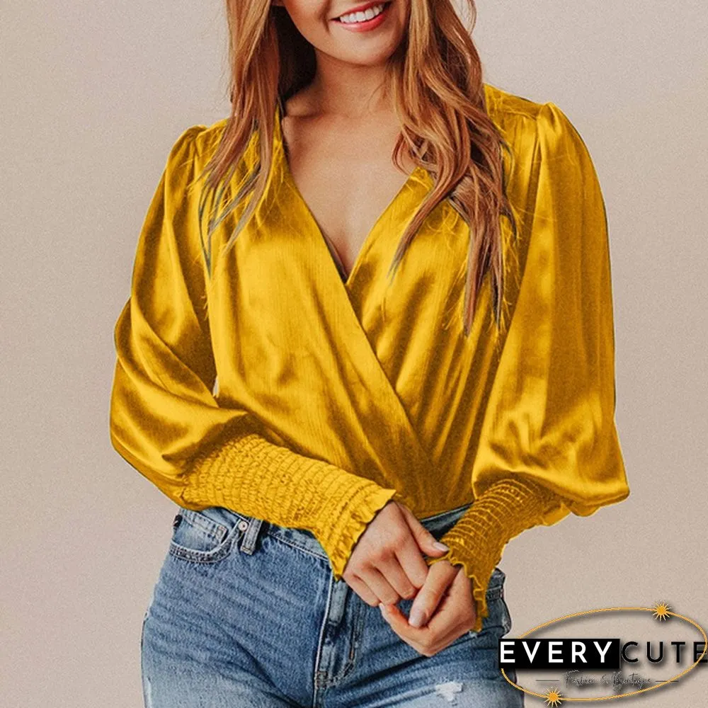 Womens Long-Sleeve Neck Blouse Spring/Autumn Elegant Casual Silk Shirt Ladies Pleated Tops