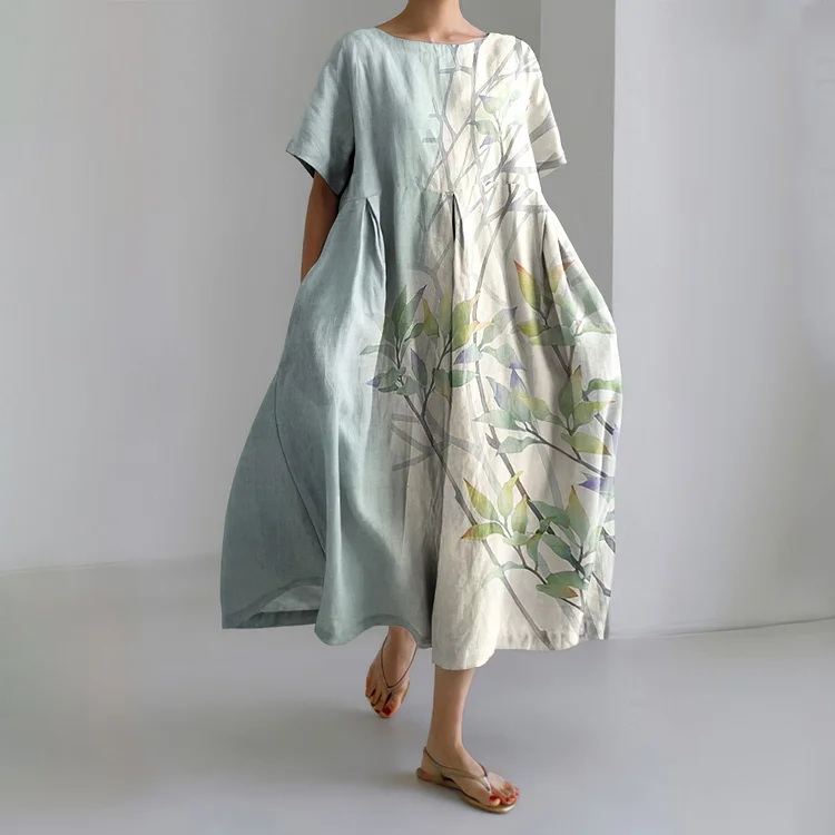 VChics Japanese Style Floral Print Short Sleeve Loose Midi Dress
