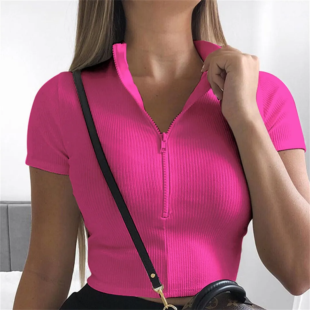 Women's Rib Knit T-Shirt Solid Color Zip Up Crop Tops Street Style Short Sleeve Slim Fit Mock Neck Tees Casual Summer Lady Top