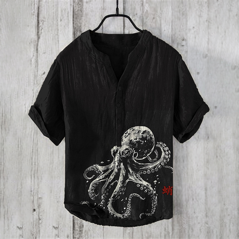 Comstylish Japanese Octopus Art Graphic V-Neck Short Sleeved Shirt