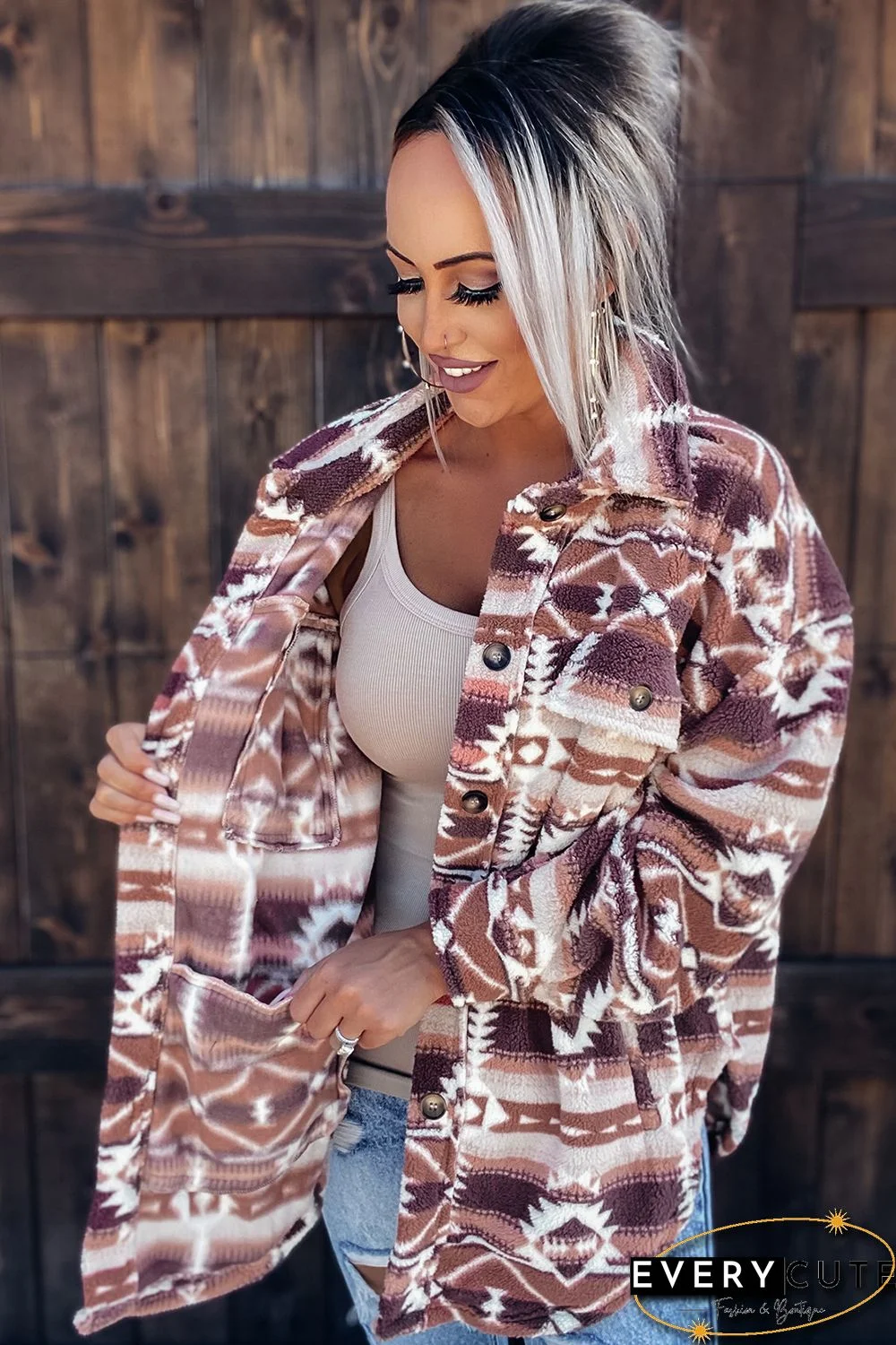 Pink Tribal Print Pocket Buttoned Sherpa Jacket