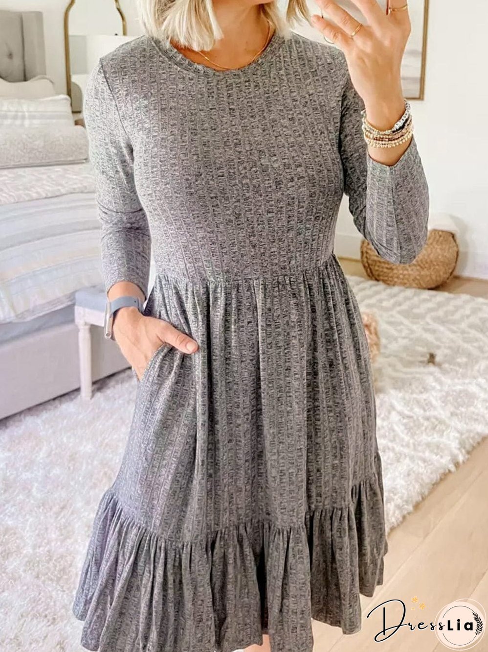 Textured Gray Ruffle Detail A-Line Midi Dress