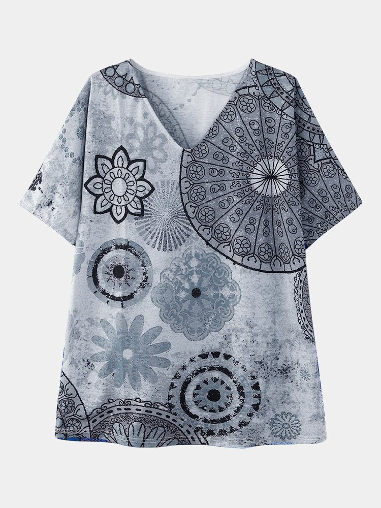 Vintage Flower Print Short Sleeve V neck Casual T shirt for Women P1858136