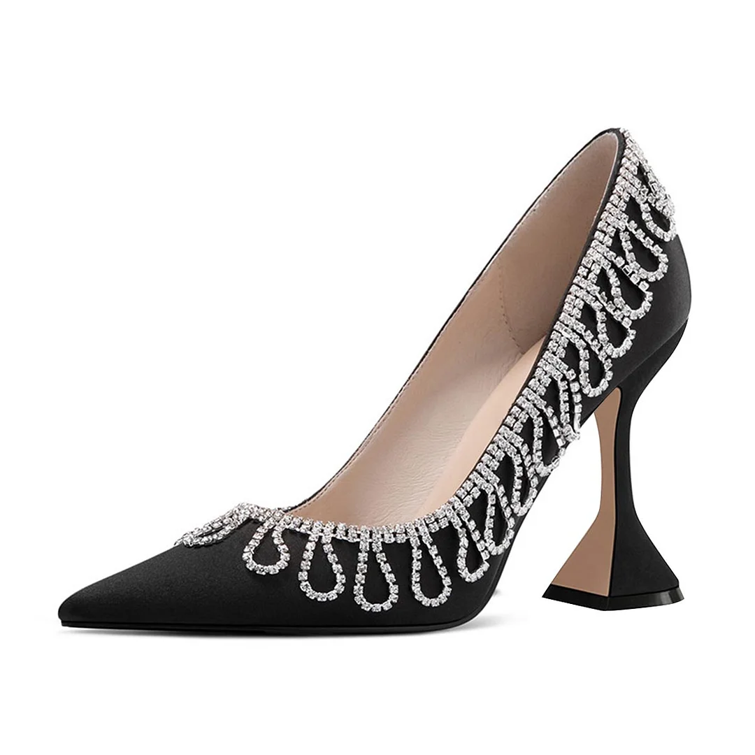 Black Satin Shoes Pointed Toe Pumps Heels with Rhinestone Fringe