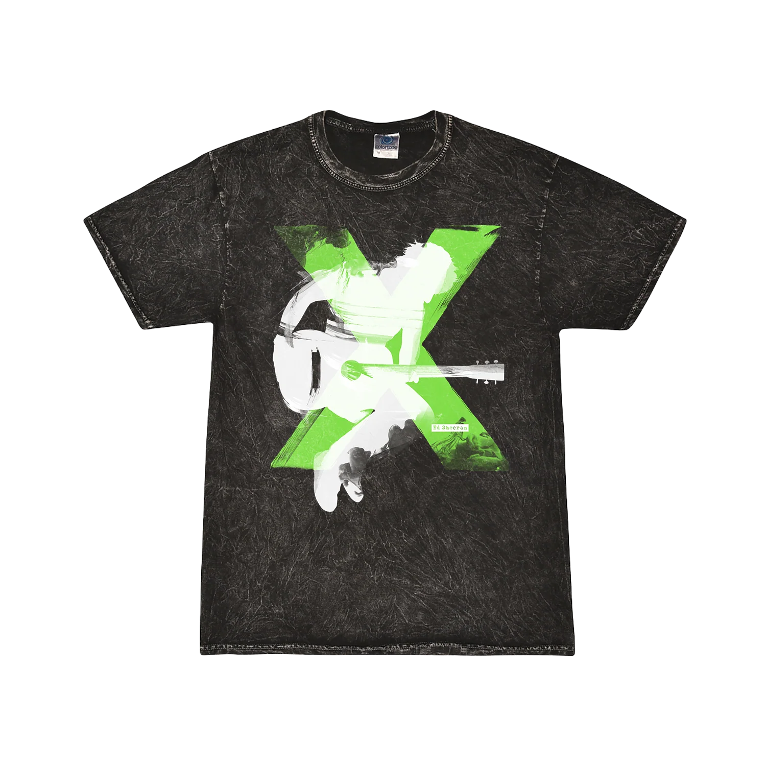 "Ed Sheeran X Multiply album graphic t-shirt with green X and guitar on washed black fabric"