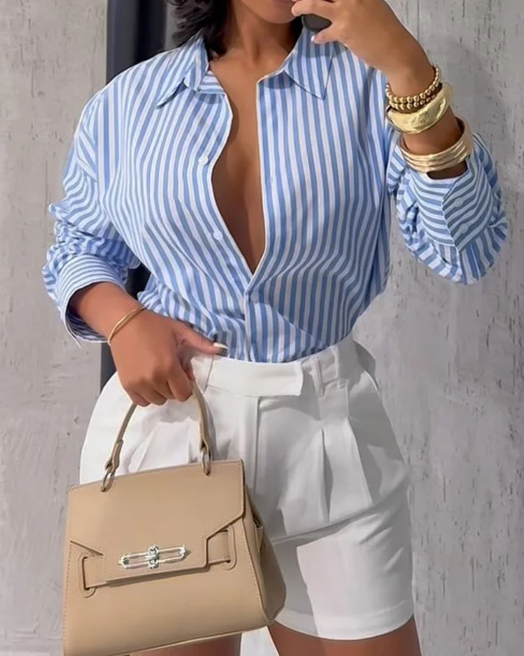 Lapel Striped Casual Solid Color Mini Two-piece Suit