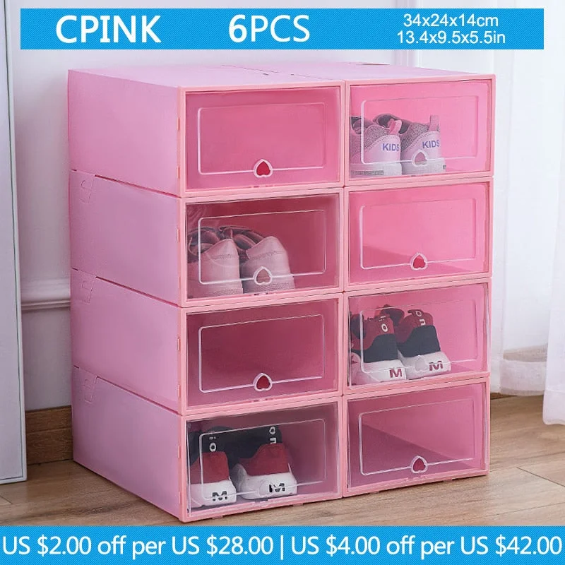 6pc Transparent shoe box storage shoe boxes thickened dustproof shoes organizer box can be superimposed combination shoe cabinet