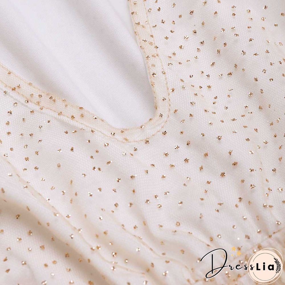 Gitter Sequins Deep Plunge Tie Waist Long Sleeve Sheer Mesh Dress