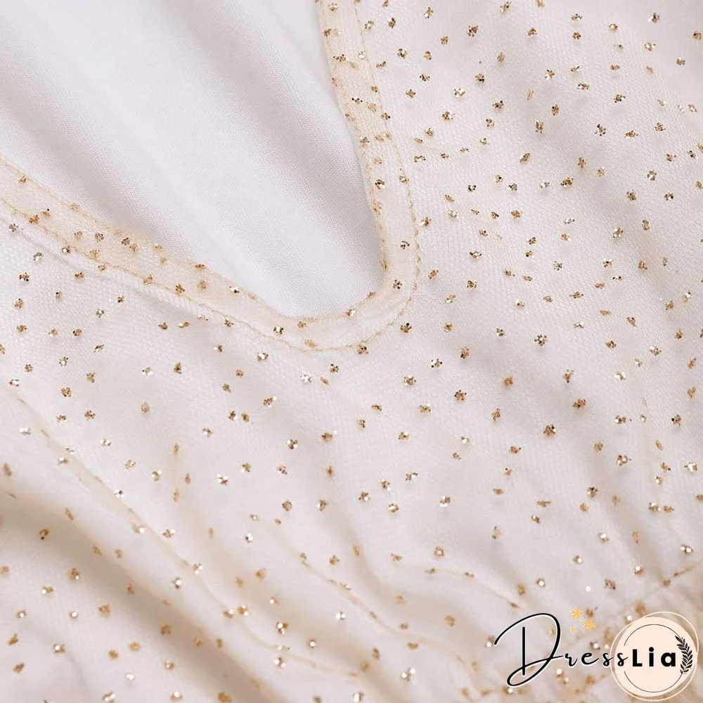 Gitter Sequins Deep Plunge Tie Waist Long Sleeve Sheer Mesh Dress