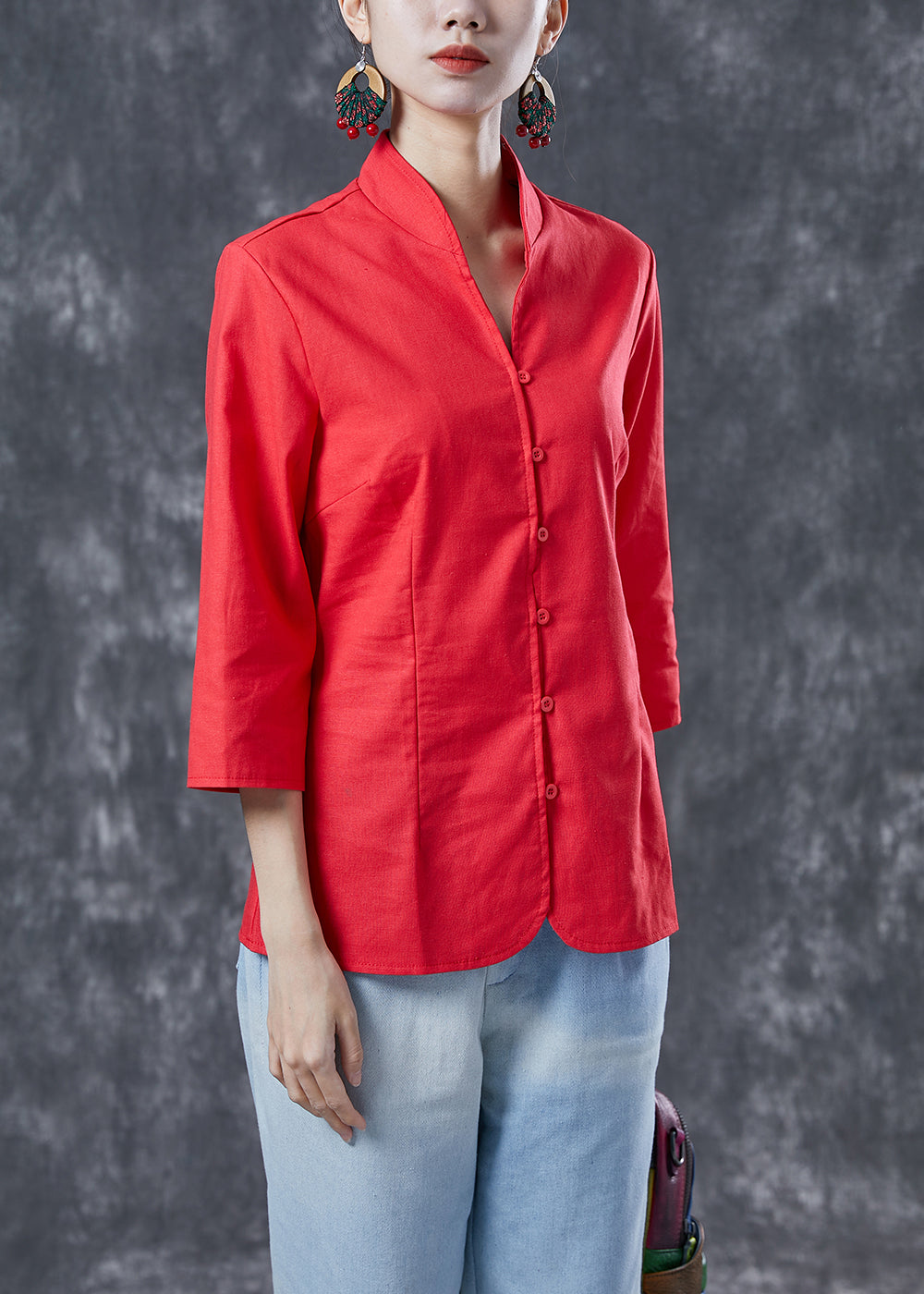 VCSHOES Red Stand Collar Button Cotton Blouse Tops Bracelet Sleeve