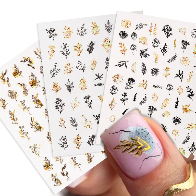 1 Pc 3D Nail Stickers Leaves Sliders for Nails Gold White Bronzing Flowers Gradient Adhesive Sticker Nail Design Art Decorations-Nail Inspo
