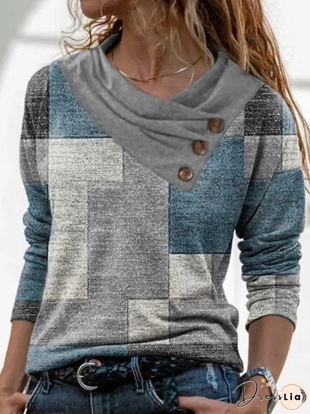 Women's T shirt Tee Red Navy Blue Blue Geometric Abstract Button Print Long Sleeve Casual Weekend Basic Pile Neck Regular Geometric Painting S
