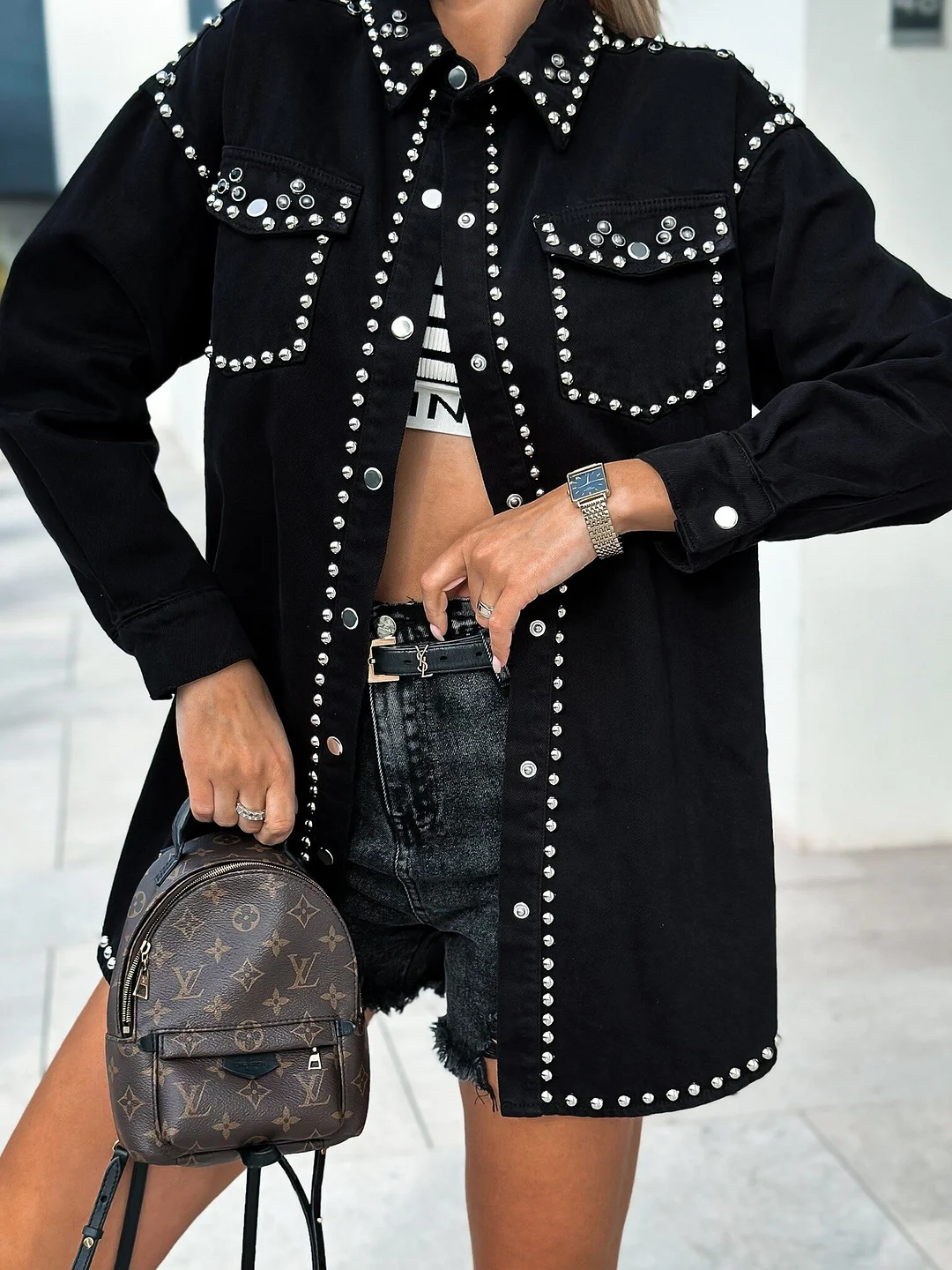 Women's Black Denim Jacket Vintage Street Style Rivet Loose Denim Jacket
